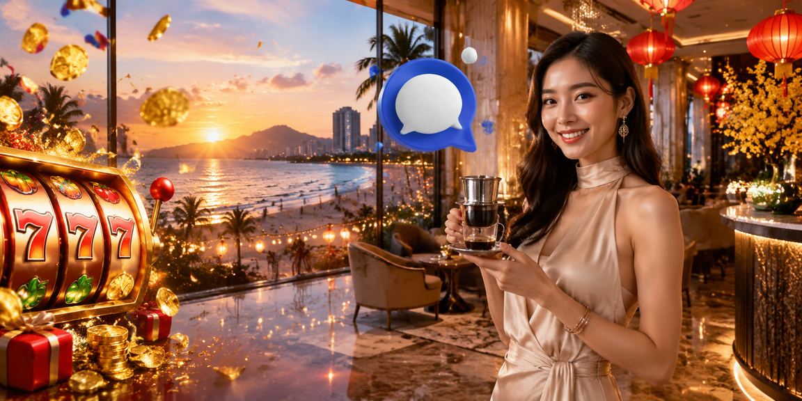 Người dùng Đà Nẵng chơi slots trên điện thoại trong quán cà phê buổi chiều